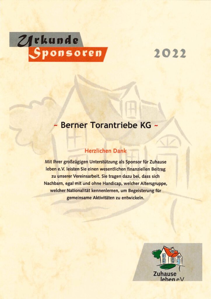 Berner Urkunde Sponsor Zuhause leben e.V.